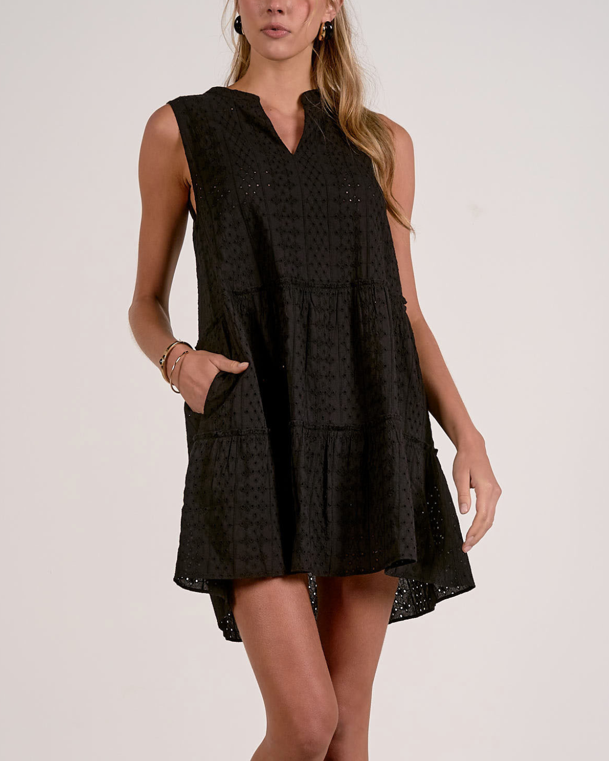 Elan Eyelet Tiered Mini Dress - EL50226 (More Colors Available)
