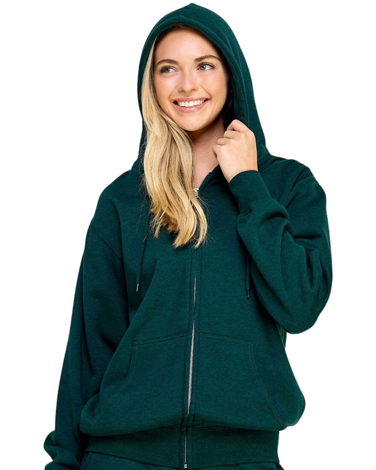 Model on a white backdrop wearing a women's oversized fleece zip up hooded sweater in solid forest green