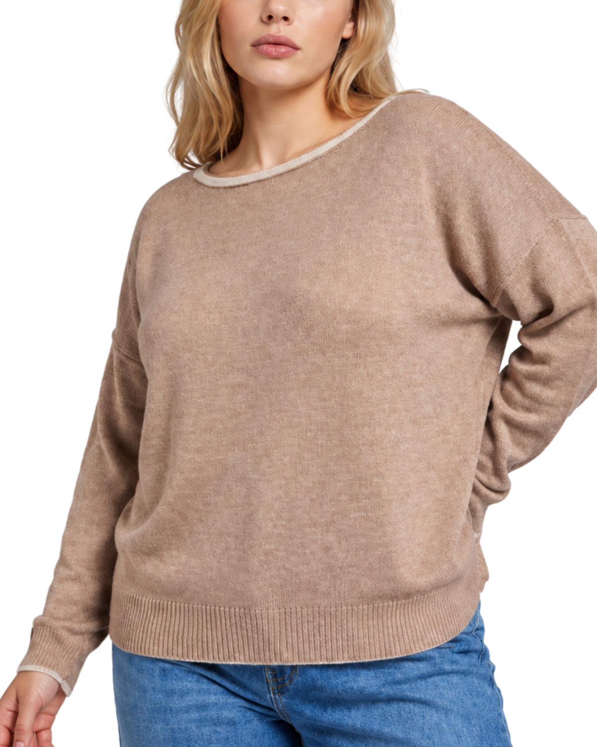 Cure Market Plus Size Contrast Trim Long Sleeve Sweater (More Colors Available) - 55T-073110526