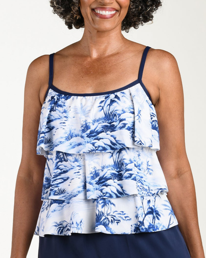Maxine of Hollywood Toile De Tropical Triple Tiered Tankini Top - Mm6mn59