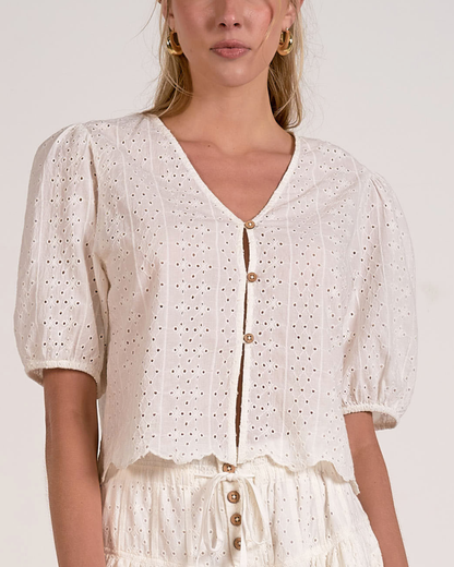 Elan Eyelet Puff Sleeve Crop Top - EL11672