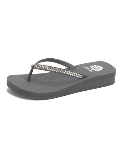 Women's grey wedge sandal with rhinestones on the strap.
