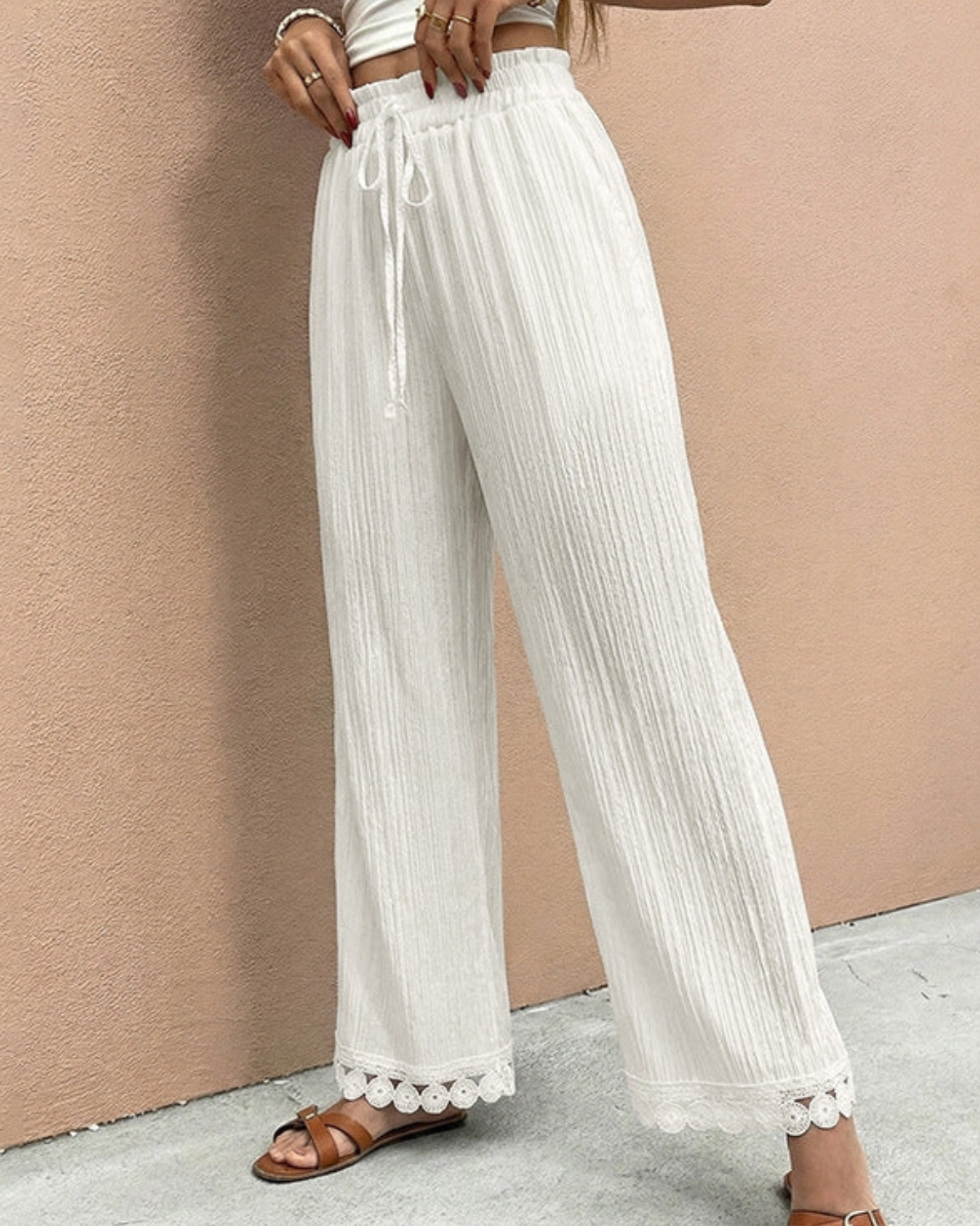 Lovesoft Textured Wide Leg Pants with Lace Hem - BMD653 Pants