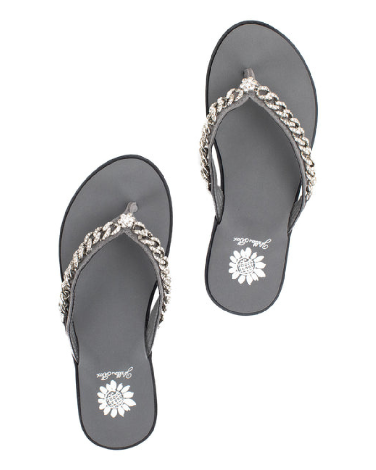 Women's grey sandal with silver chain detail on the strap.