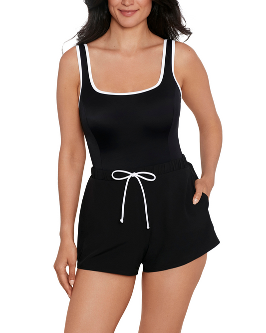 Model wearing a jogger short one piece with pockets in black with a white trim and scoop back.