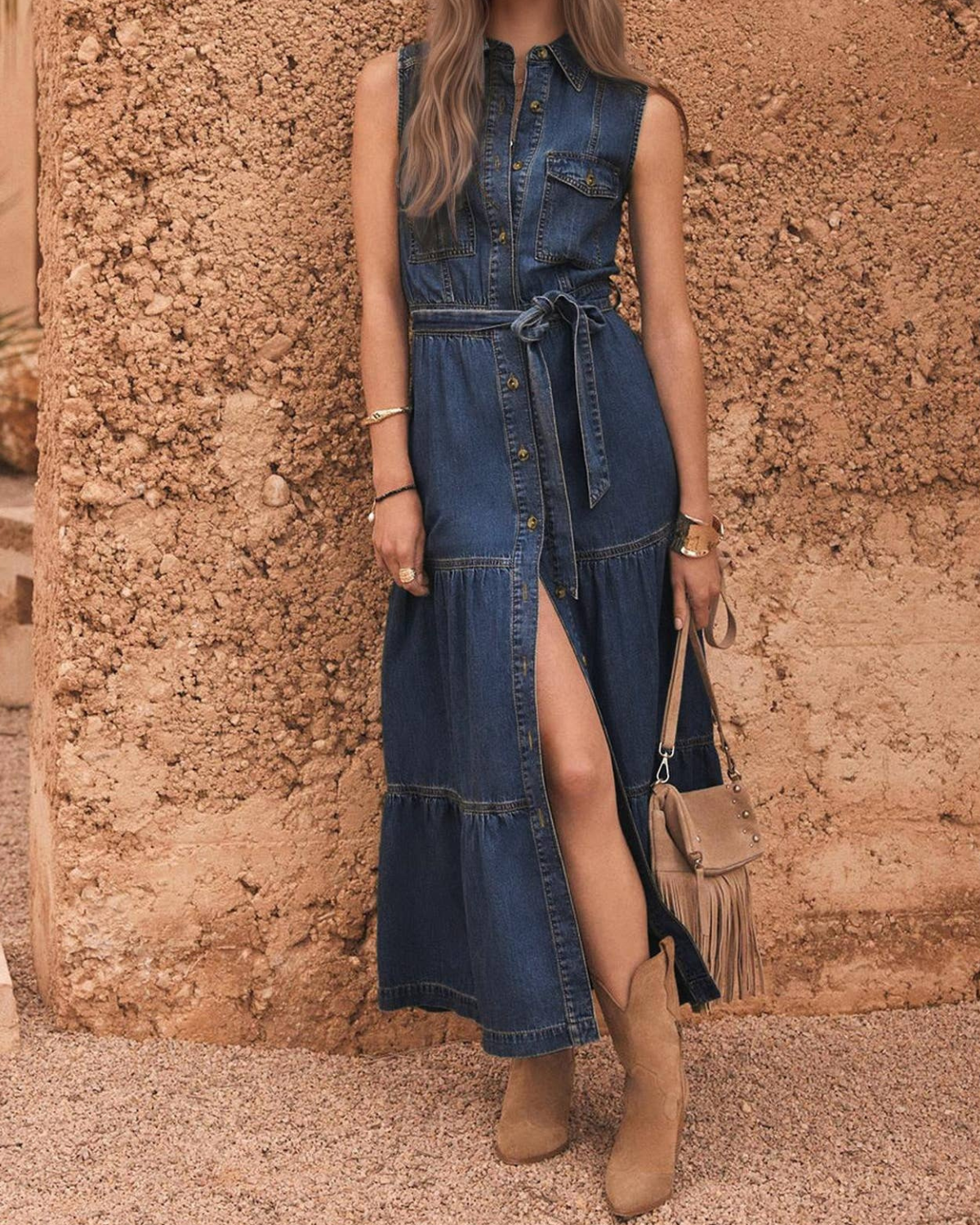Anna Kaci Sleeveless Denim Button-Front Maxi Dress - FA0214