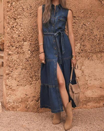 Anna Kaci Sleeveless Denim Button-Front Maxi Dress - FA0214