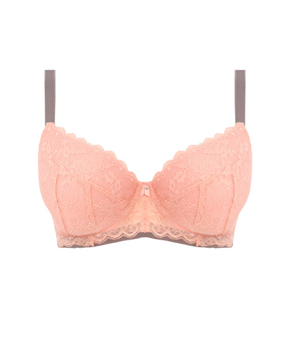 Flat lay of a padded half cup underwire bra in pink