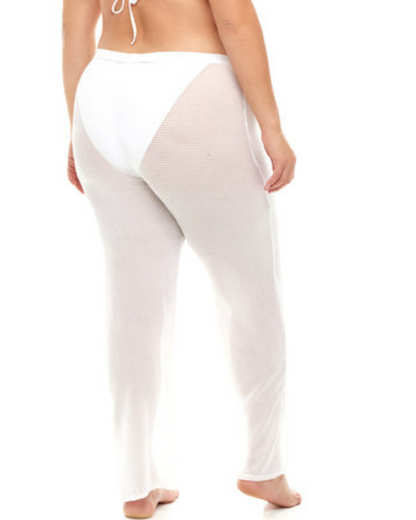 Model wearing a cover up pant in white
