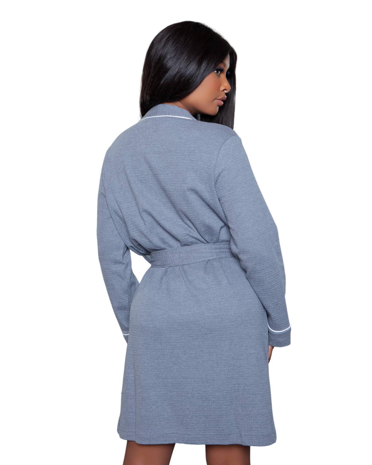 Model wearing a knee length robe in grey with white trim