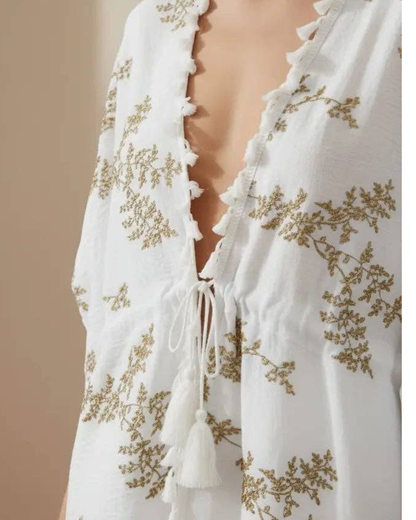 JC Sunny Embroidered Kimono Top with Tassel Trim and Adjustable Waist - JCL903306