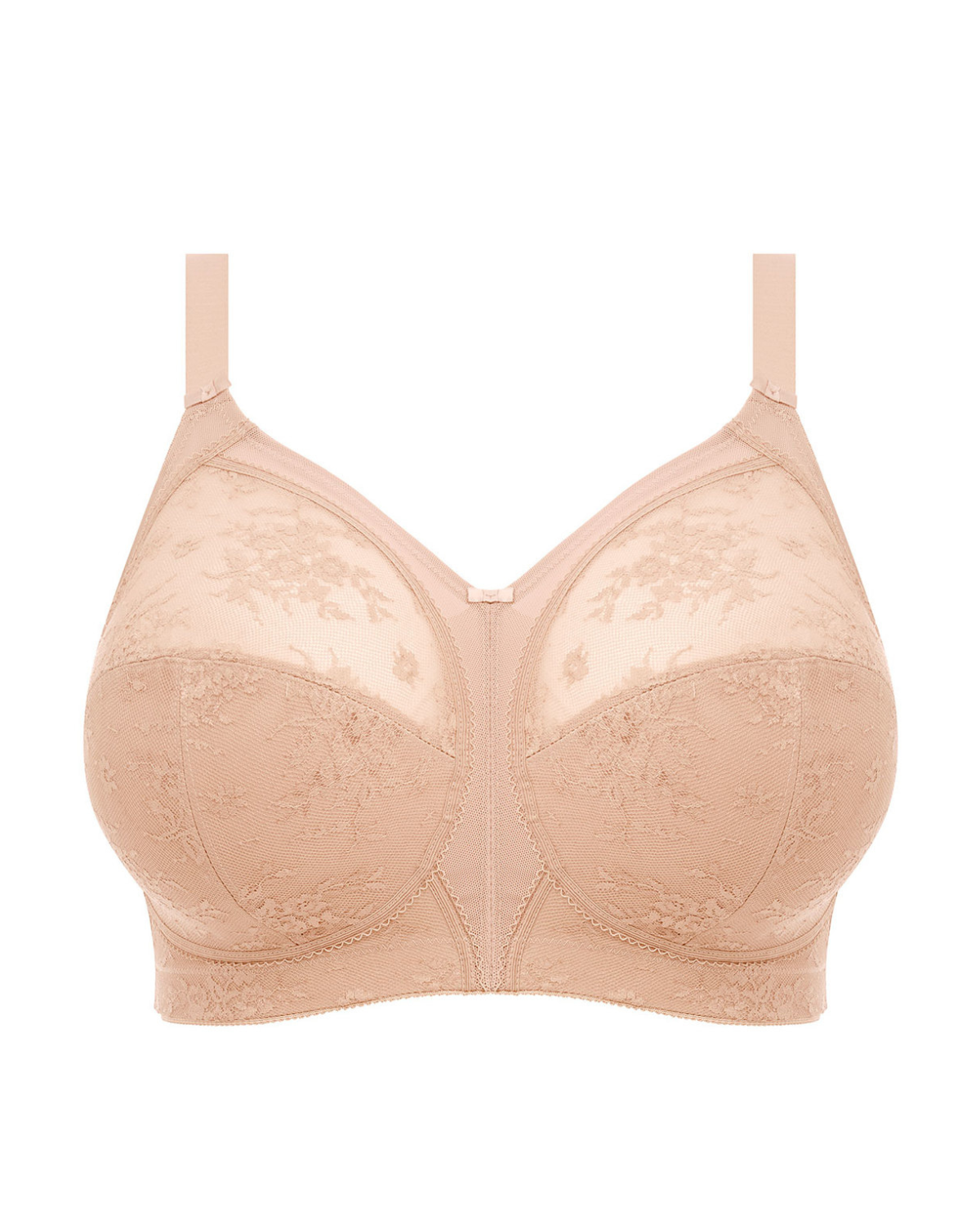 Flat lay of a cut and sew banded wire free bra in nude