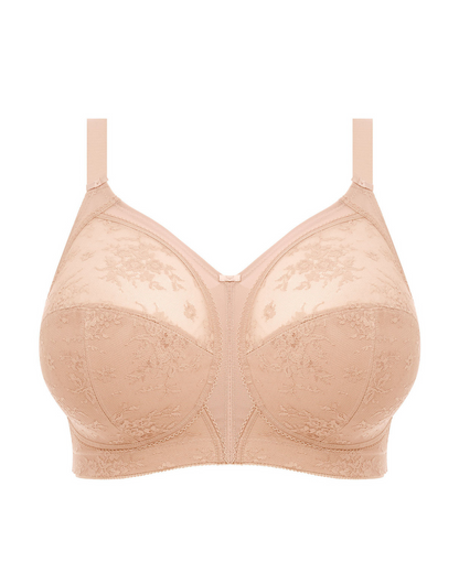 Flat lay of a cut and sew banded wire free bra in nude