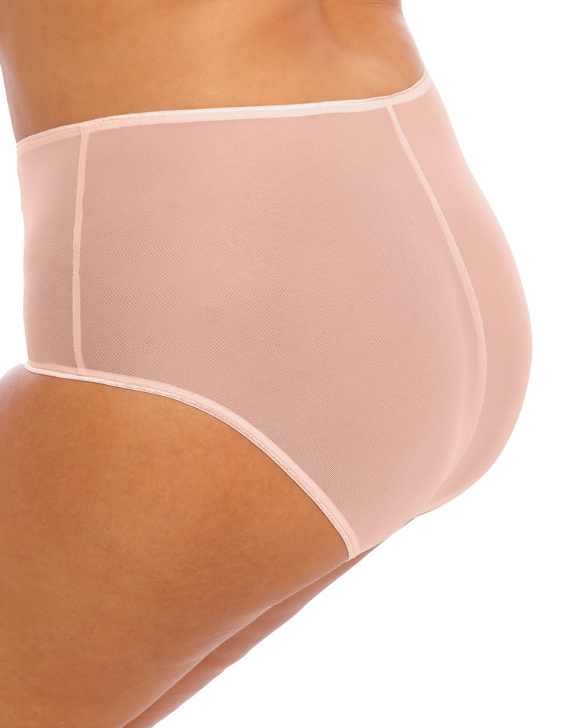 Model wearing a full brief panty in light pink