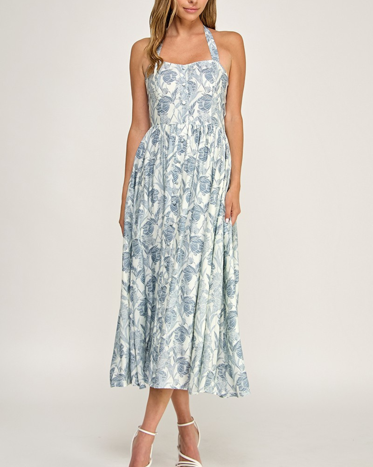 bj bridesmaid dresses Blush Floral Halter Midi Dress azazie moody blue vs dusty blue