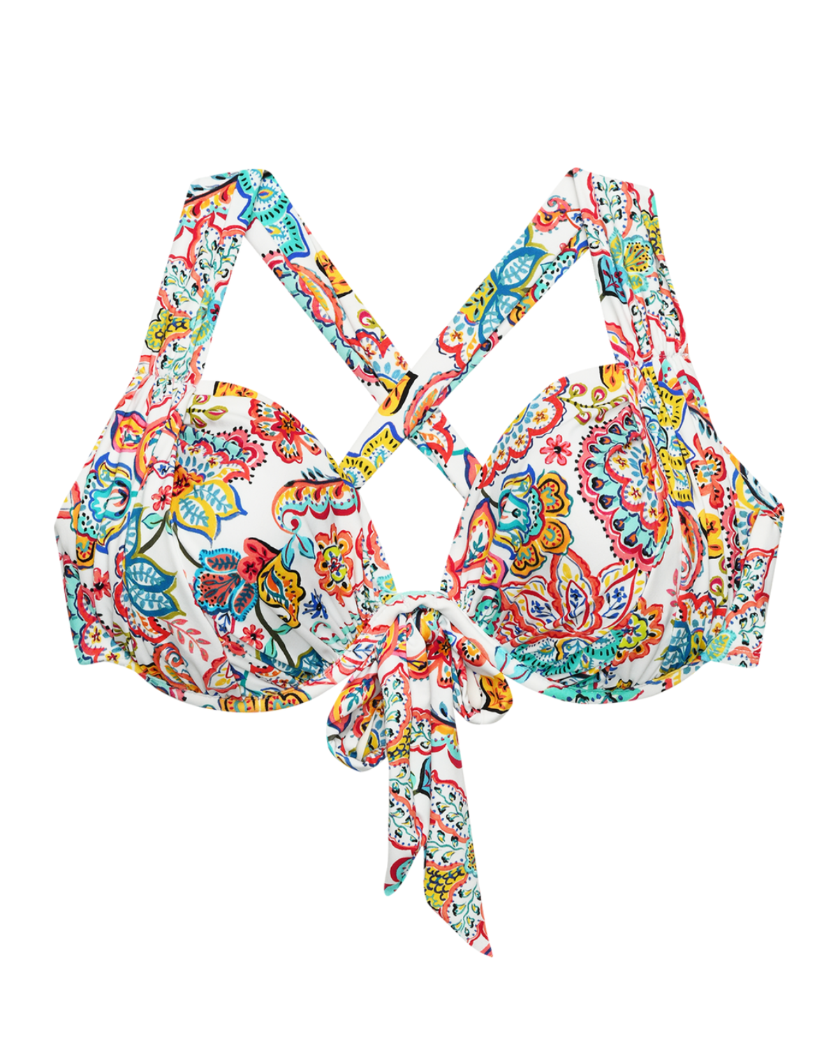 Model wearing an underwire bikini top in a white multicolored gypsy floral print