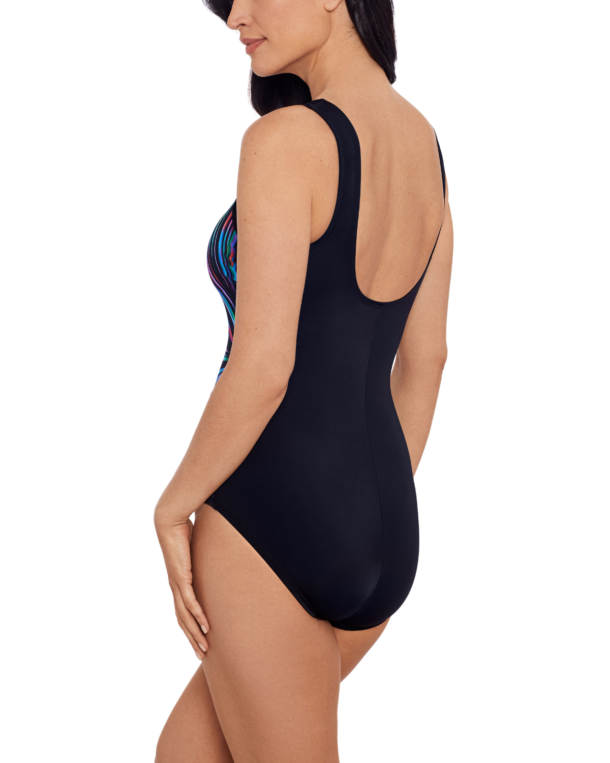 Model wearing a one piece swimsuit in black with blue abstract streaks and a scoop back.