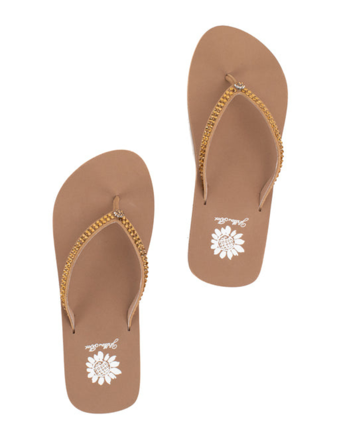 Women's tan wedge sandal with brown rhinestones on the strap.