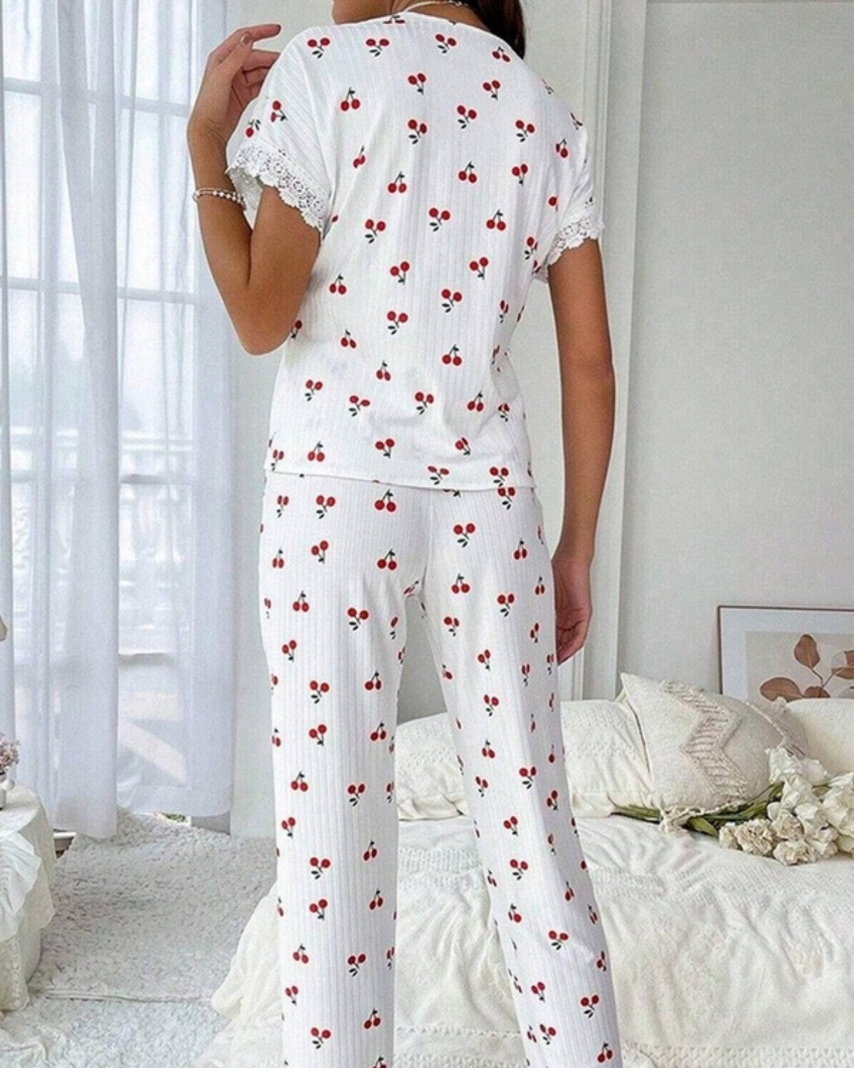 NINEXIS Print Lace Trim Short Sleeve Pajama Set - CWSPJOO468