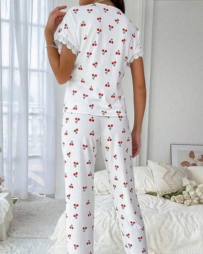 NINEXIS Print Lace Trim Short Sleeve Pajama Set - CWSPJOO468