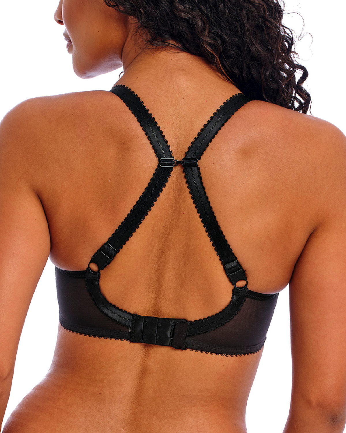 Model wearing an underwire molded plunge bra in black