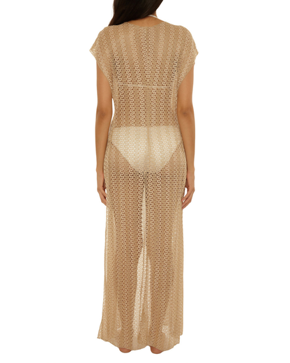 Becca by Rebecca Virtue Golden Maxi Crochet Cover Up Tunic Robe - 8663671