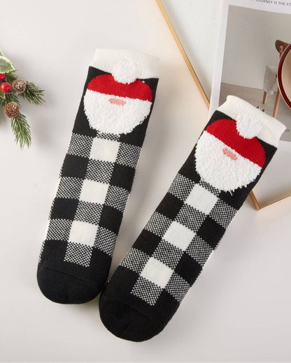 Hana Checkered Christmas Santa Fuzzy Slipper Socks - KSC2601