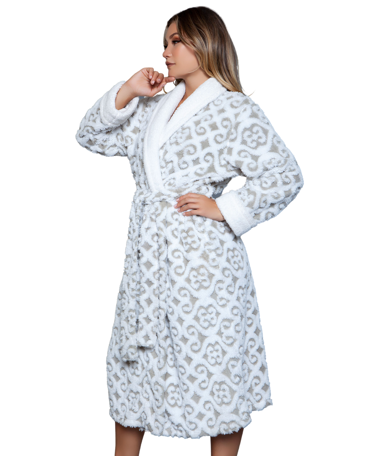 Model wearing a long robe with grey and white detailing