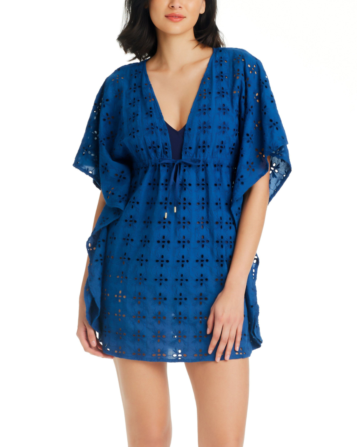 Model wearing a caftan cover up in navy