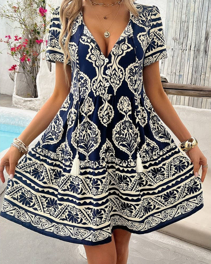 Supreme Fashion Deep V Neck All-over Print Ruffle Tassel Dress - D2413021