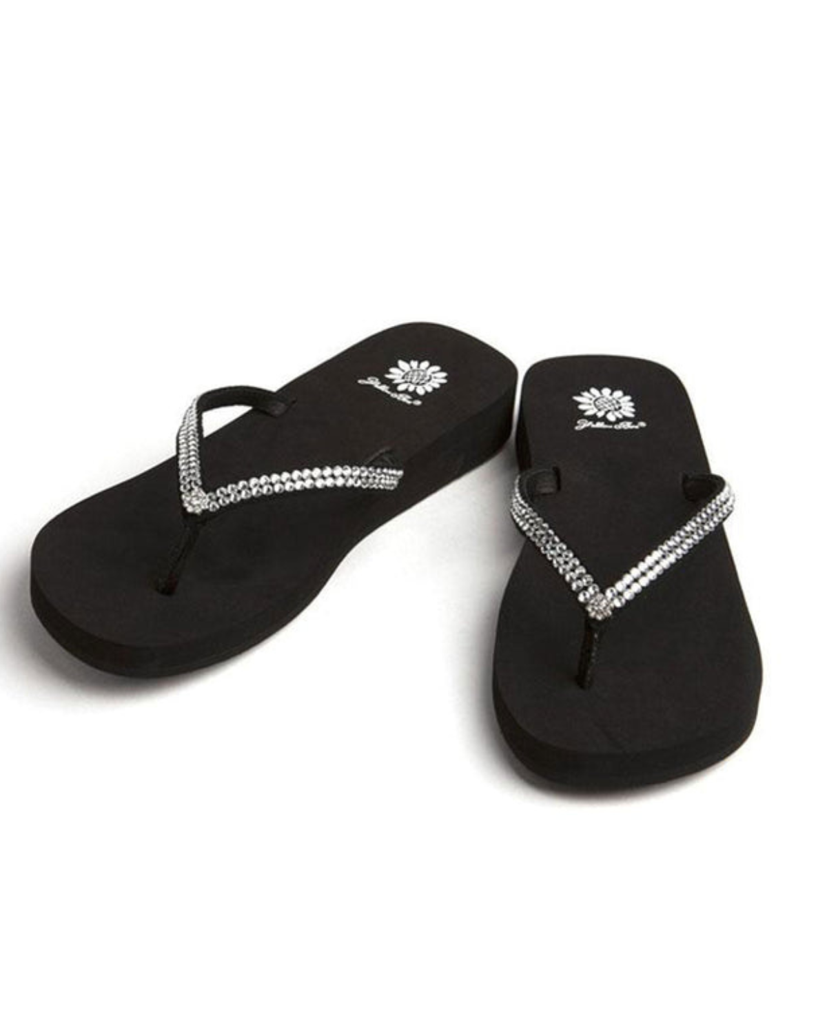 Women's black wedge sandal with rhinestones on the strap.