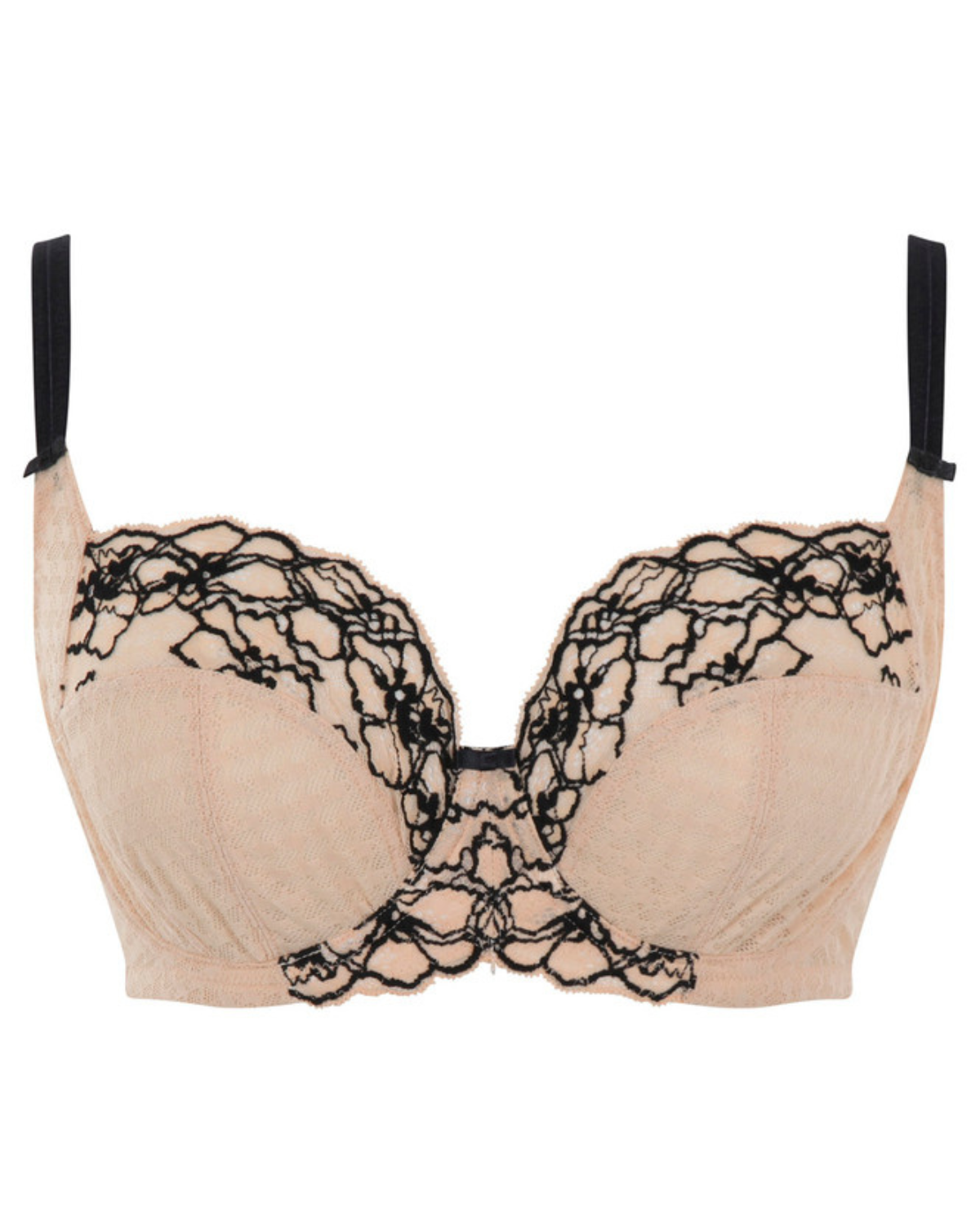 Flat lay of a underwire soft cup bra in beige with black lace details and straps