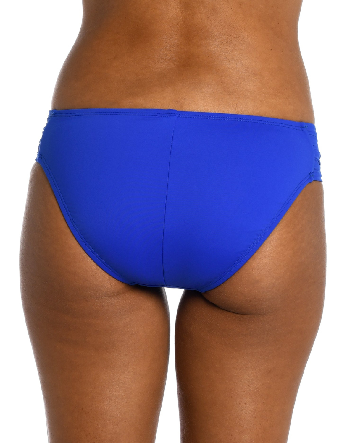Model wearing a side shirred hipster bikini bottom in royal blue