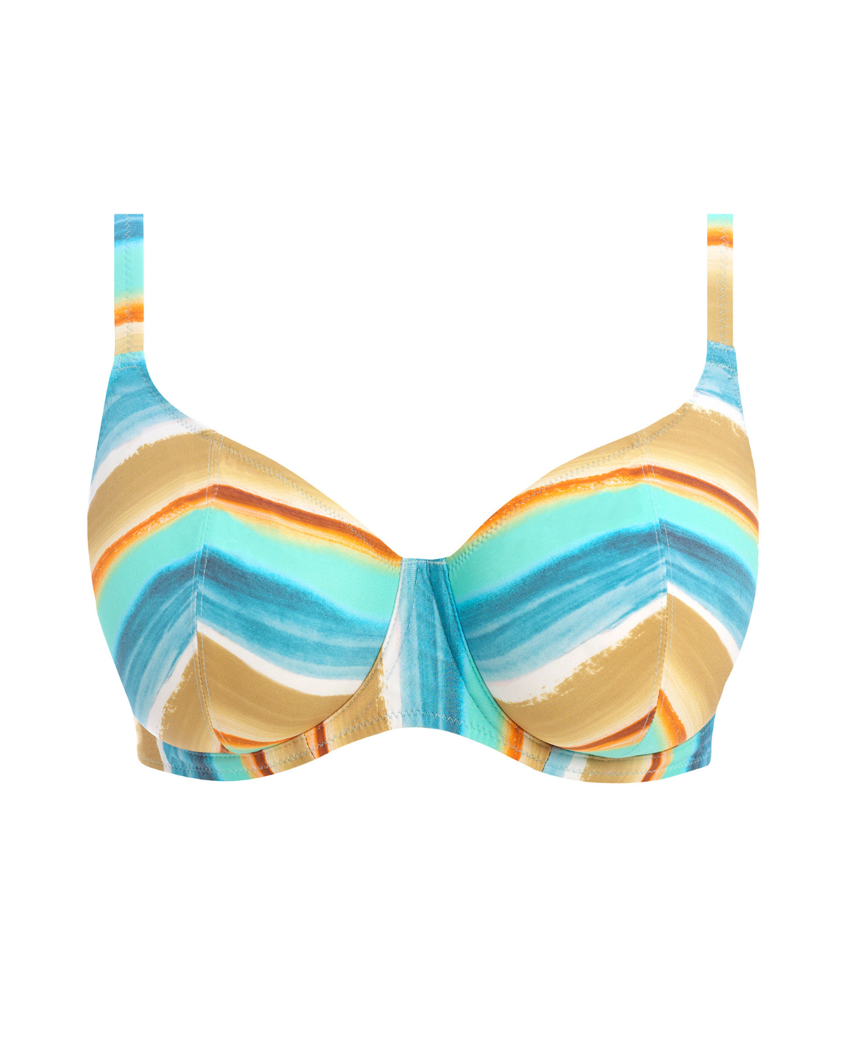 Flat lay of an underwire plunge bikini top in a white, blue, gold, and orange striped watercolor print