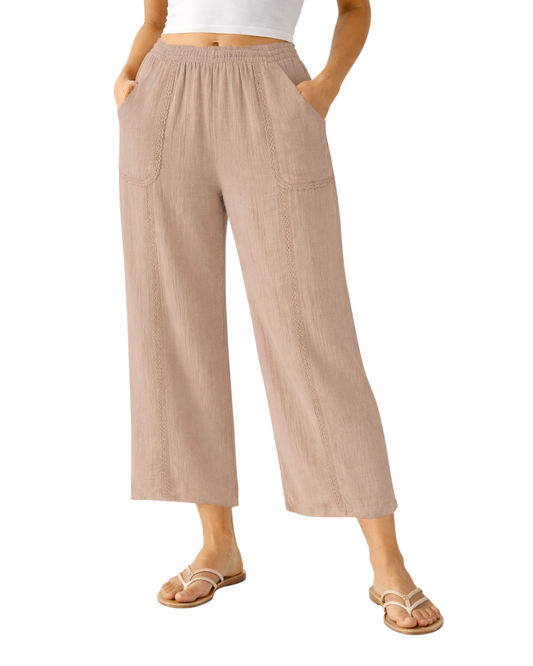 Pine Apparel Cotton Gauze Cropped Wide Leg Pant w/ Crochet Lace Trim (More Colors Available) - 5073301