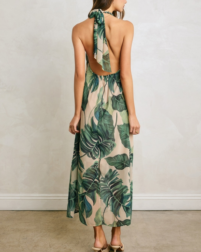 Dress Forum Tropical Leaf Beaded Halter Fluid Dress - FD14111