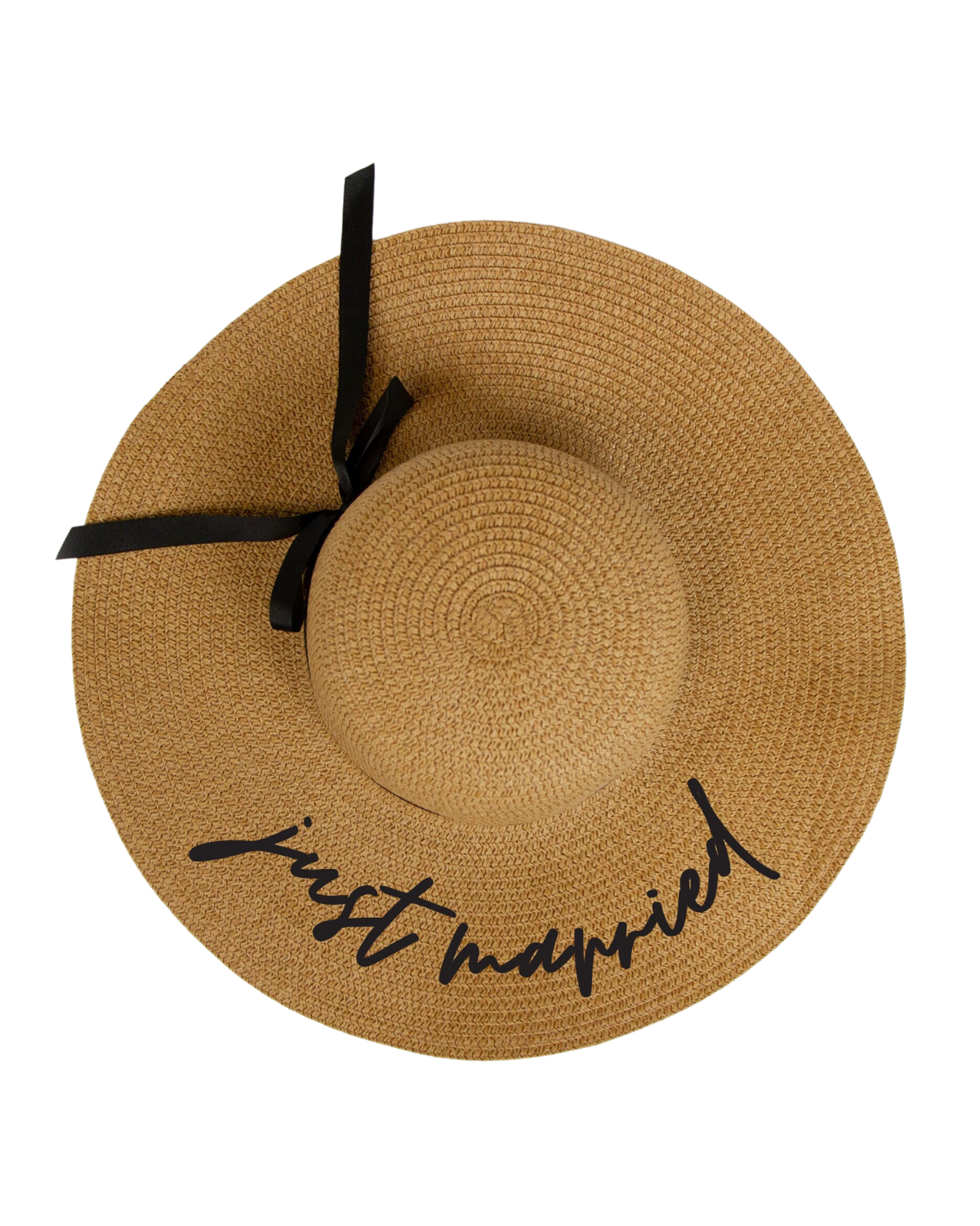 Flat lay on a white backdrop of a tan floppy beach hat with the words 'Just Married' in a black cursive font on the brim and a black ribbon band.