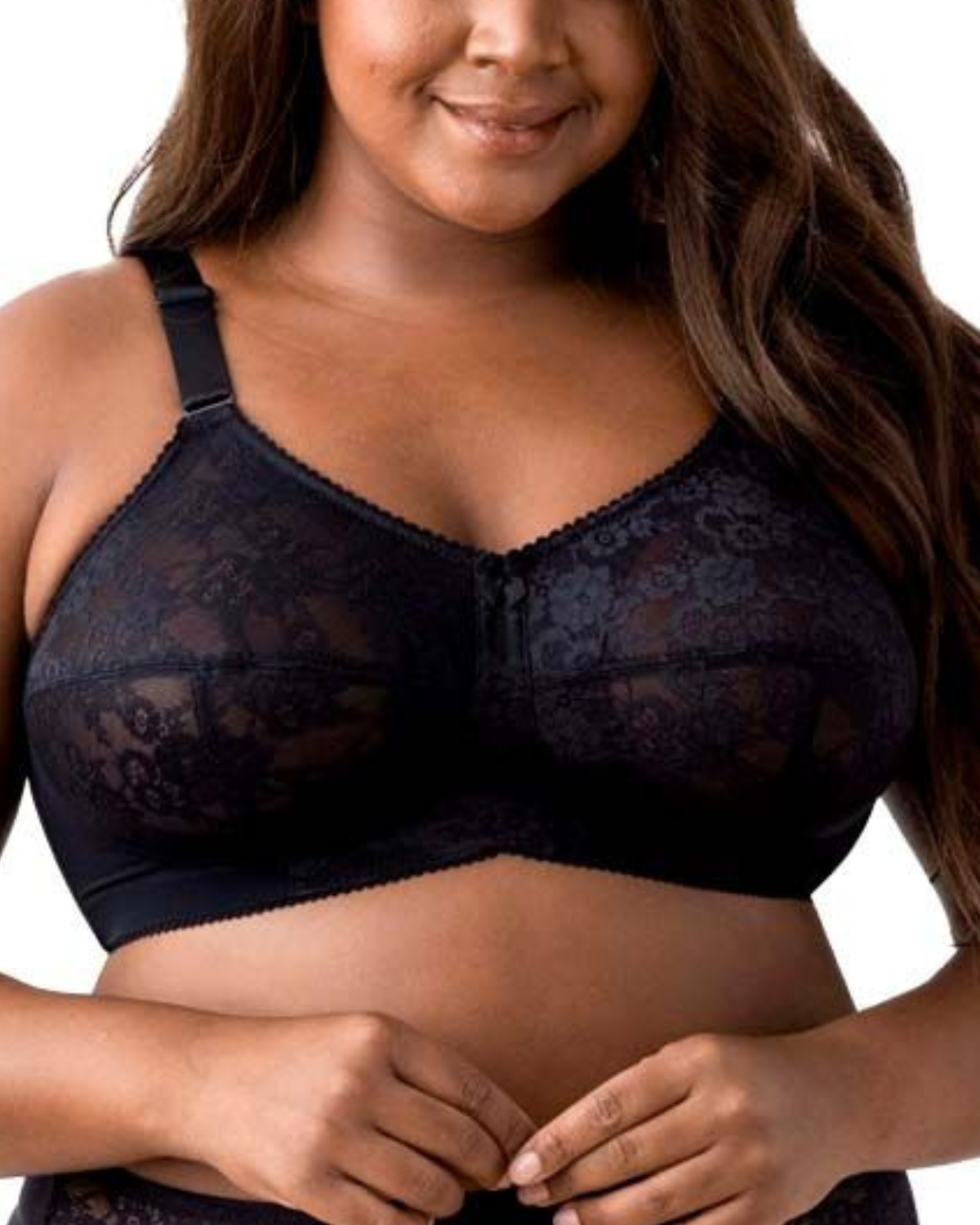 A model wearing a lace soft cup wire free bra in black