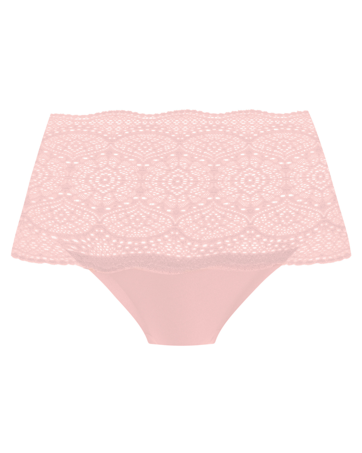 Flat lay of a wide lace band brief panty in beige