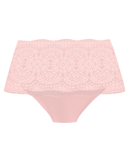Flat lay of a wide lace band brief panty in beige