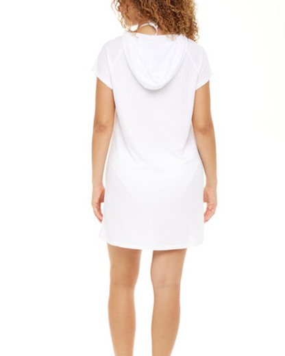 Model wearing a zip front raglan sleeve hoodie in white