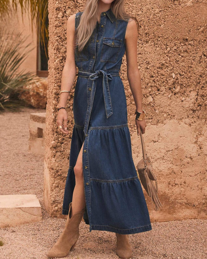 Anna Kaci Sleeveless Denim Button-Front Maxi Dress - FA0214