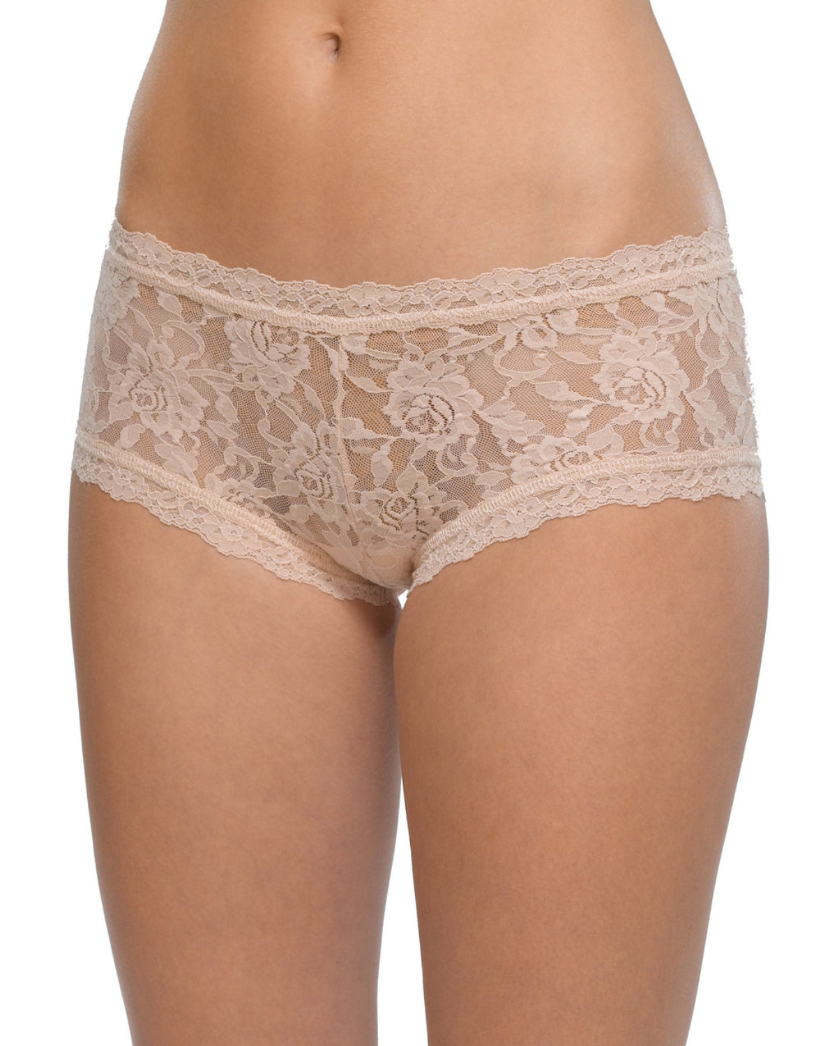 Model wearing a lace boyshort panty in beige