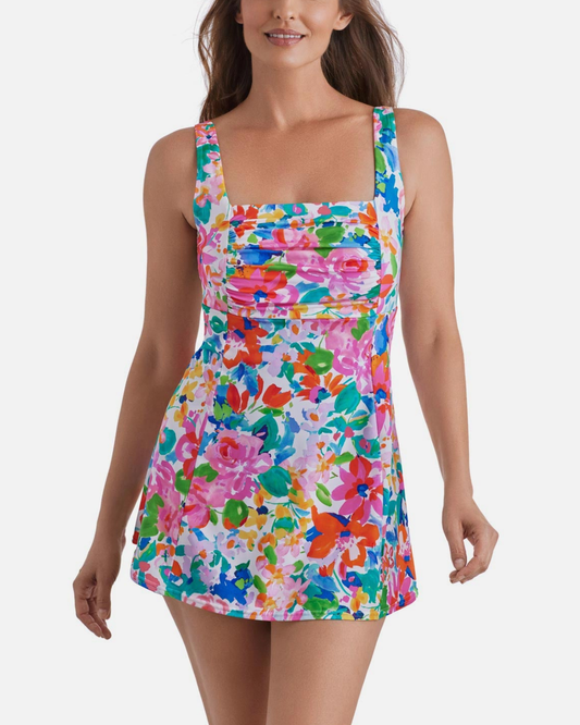 Shape Solver Summer Splash Square Neck Princess Seam Swim Dress - SV260365