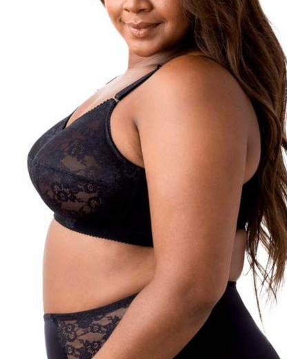 A model wearing a lace soft cup wire free bra in black
