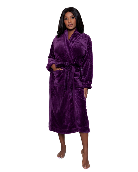 Model wearing a long plush robe in purple