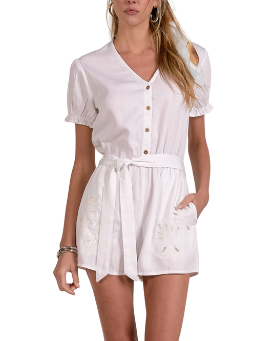 Elan Button Front Tie Waist Romper - DTE7349