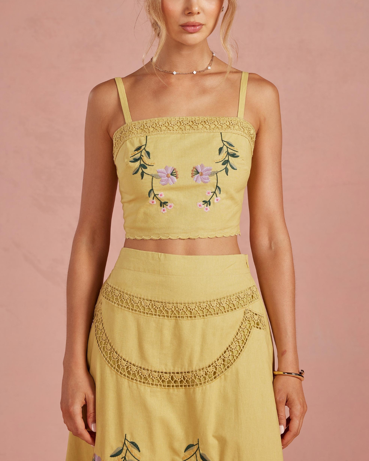 Strut & Bolt Embroidered Floral Lace Detail Top Skirt Set - Ssb-Set-0068