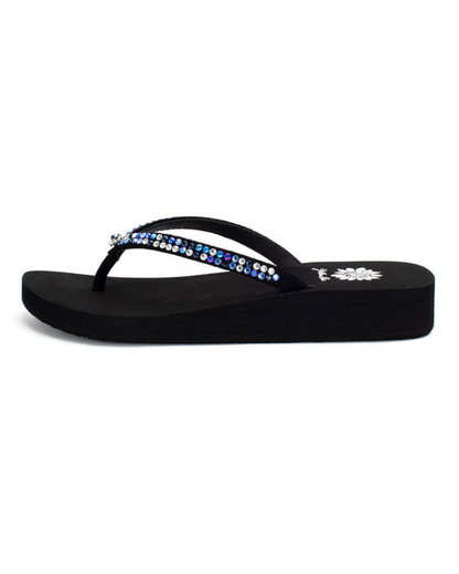 Women's black wedge sandal with multicolored rhinestones on the strap.