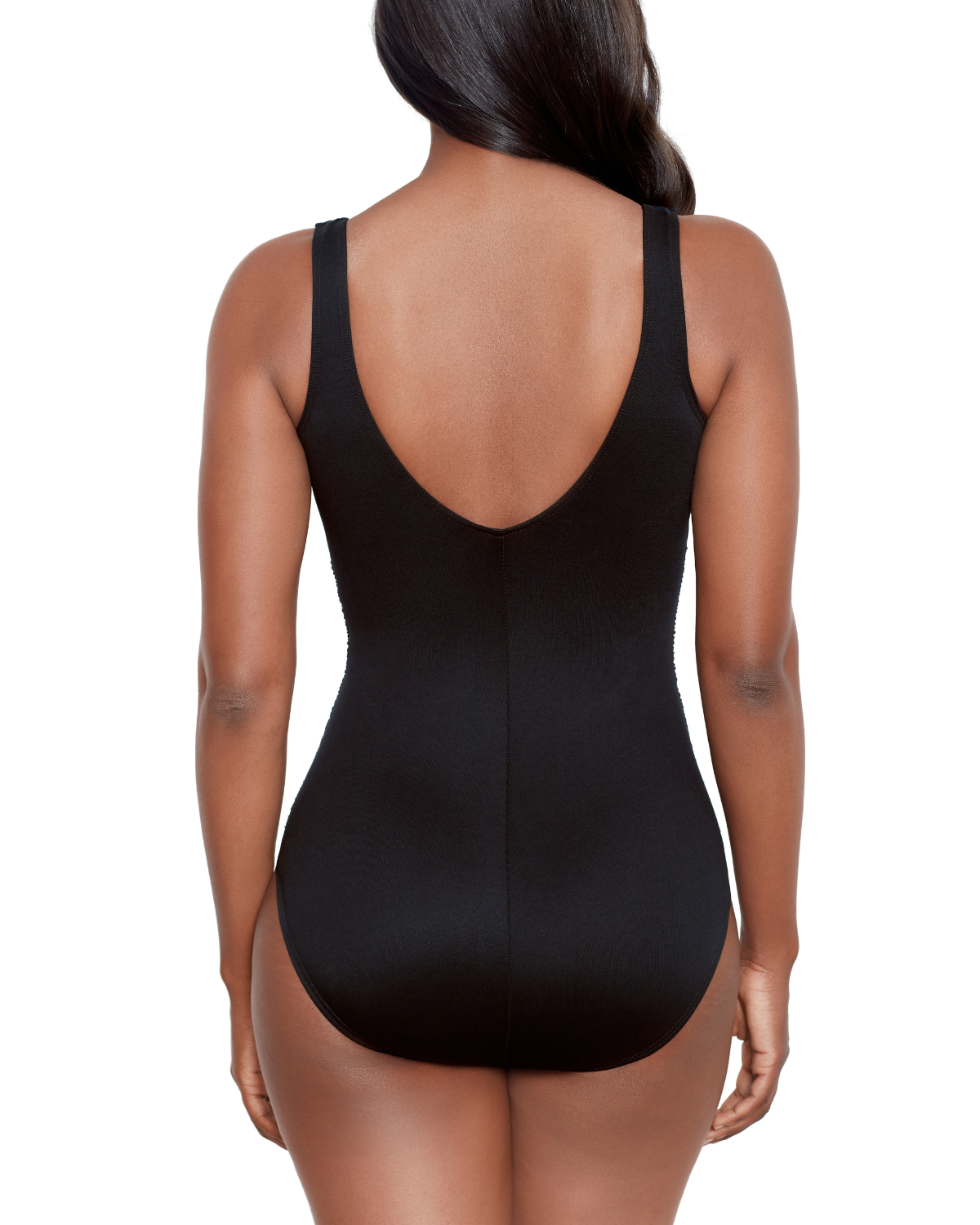 Model wearing a one piece with hidden v wire and shirred torso in black